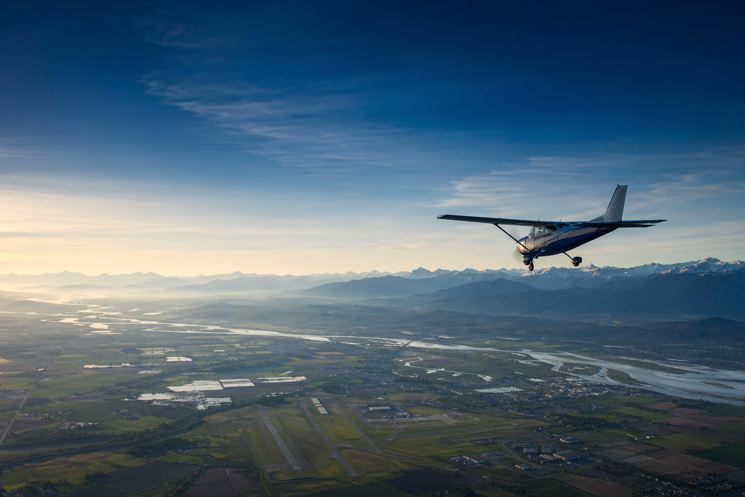 Small aircraft flying over British Columbia mountains and valley